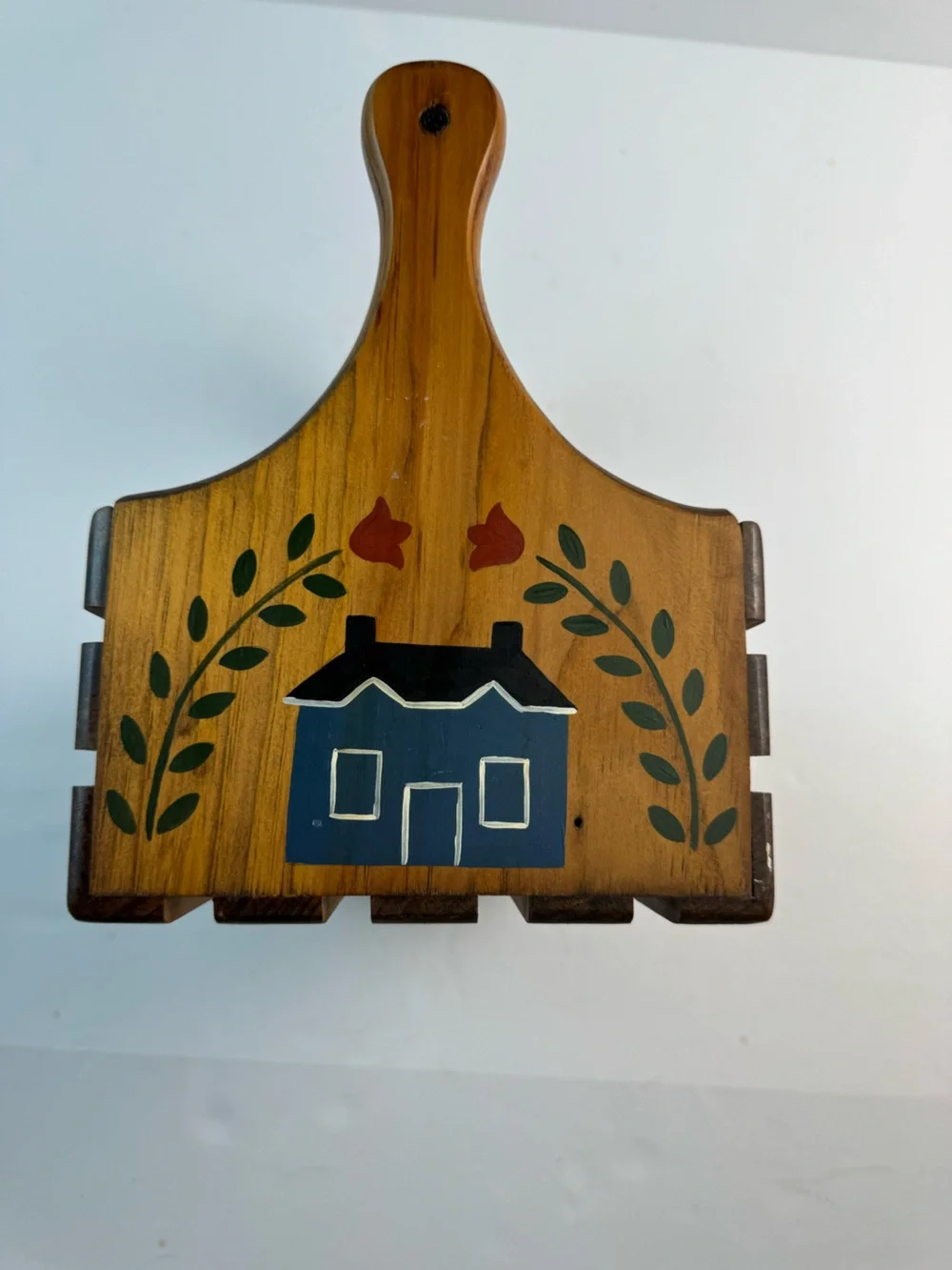 Hand-Painted Wooden Slat Basket with Handle - Folk House Design